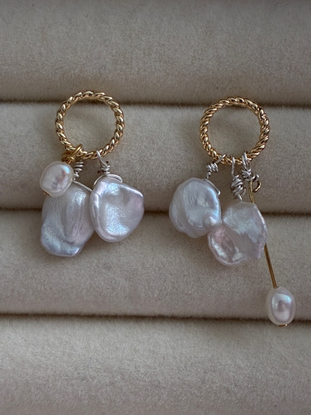 Gold Hoop Earrings with White Baroque Pearl Drops